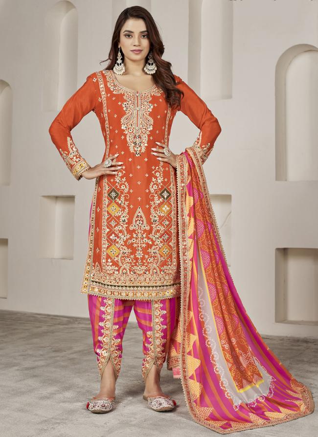 Chinnon Silk Orange Wedding Wear Embroidery Work Readymade Dhoti Suit